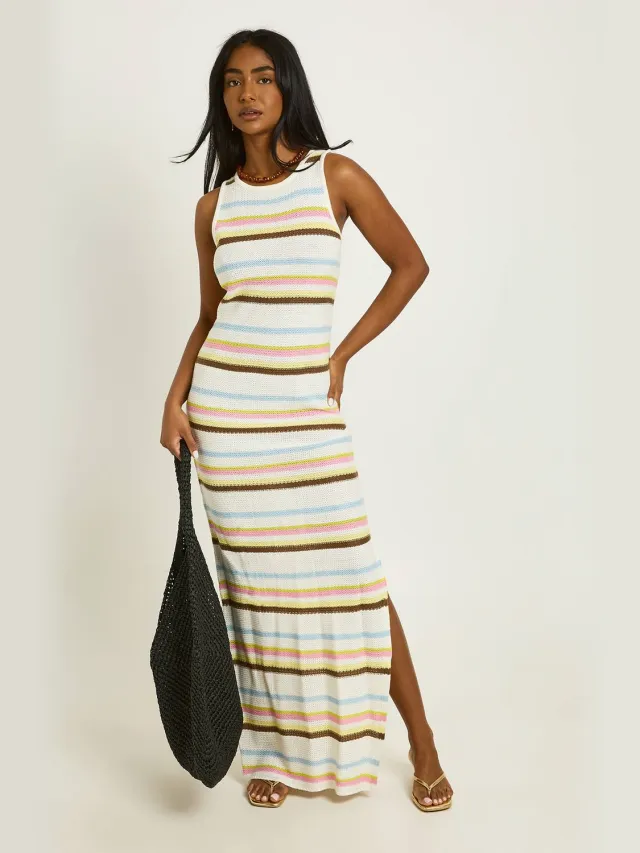 boohoo Dames Gestreepte Gehaakte Maxi Jurk Ecru