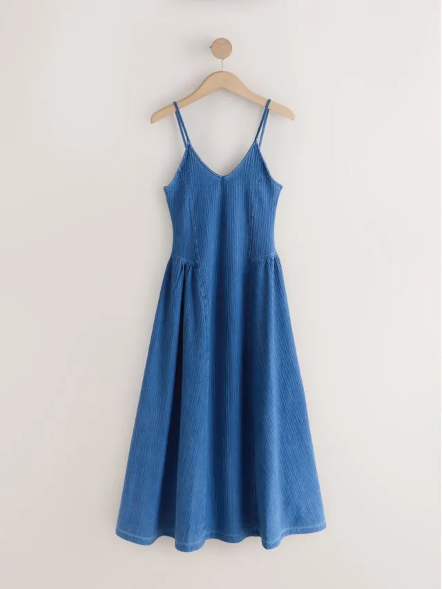 Next Dames - Midi-jurk van denim en seersucker-jersey - Blauw Washed Blue