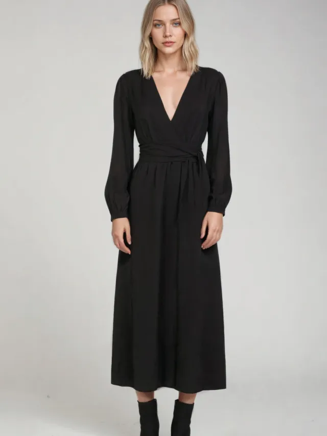 Neu Nomads dames vegan Midi Jurk Lange Mouwen Rachel Zwart