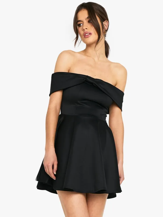 boohoo Dames Gebonden Scuba Bardot Volume Skater Mini Jurk Zwart
