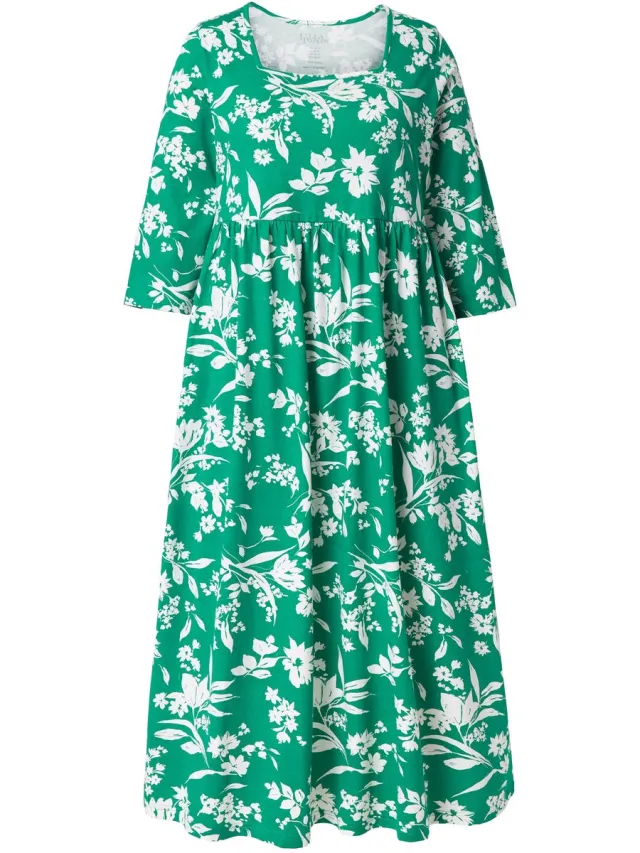 Ulla Popken Dames - Jersey jurk bloemen A-lijn carréhals 3/4-mouwen - Zomergroen - Maat 66+