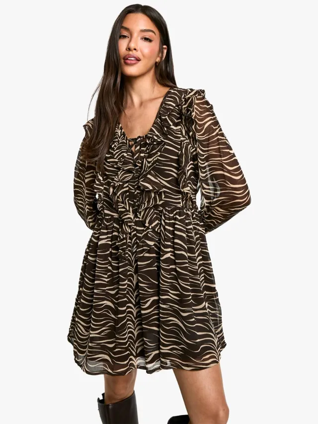 boohoo Dames Zebra Ruffle Smock Jurk Zwart