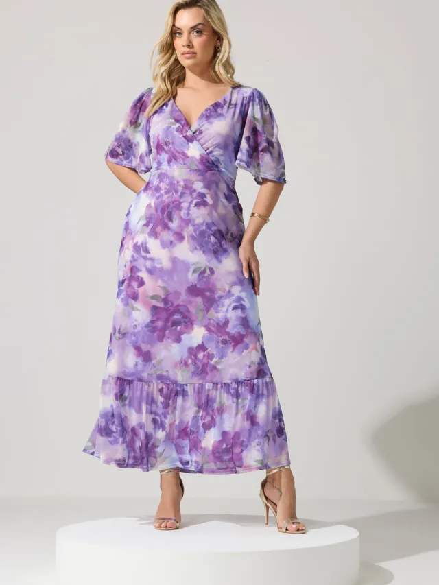 Yours London Paarse Wikkeljurk Met Bloemenprint En Gerimpelde Zoom Purple