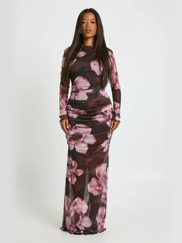 boohoo Dames Gebloemde Geplooide Mesh Maxi Jurk Chocoladebruin