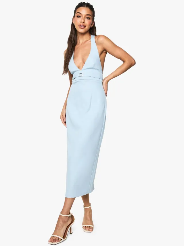 boohoo Dames Op maat gemaakte midi-jurk met gespdetail en halternek Blauw