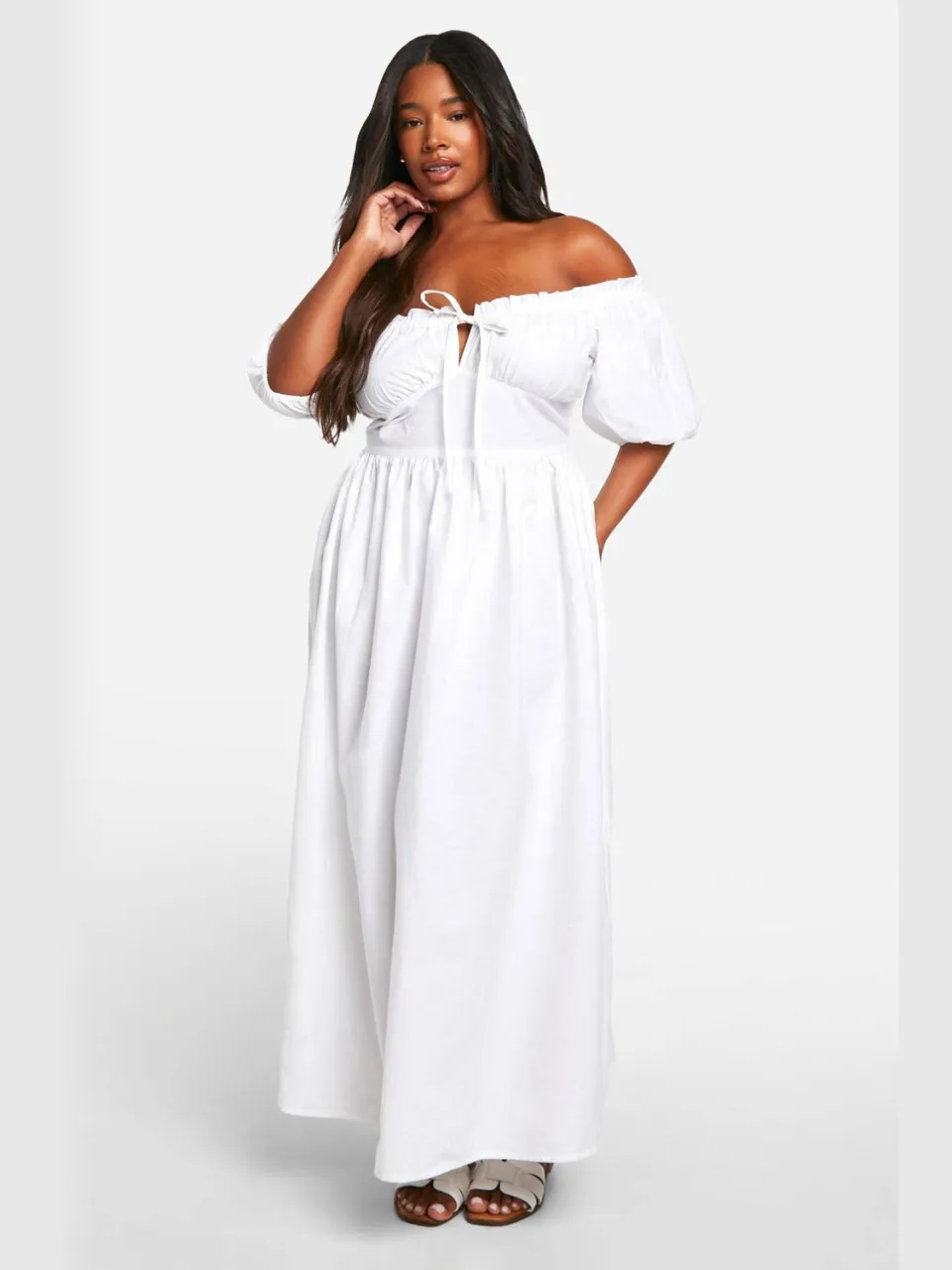 boohoo Dames Plus Puff Mouwen Midaxi Jurk wit, foto 3