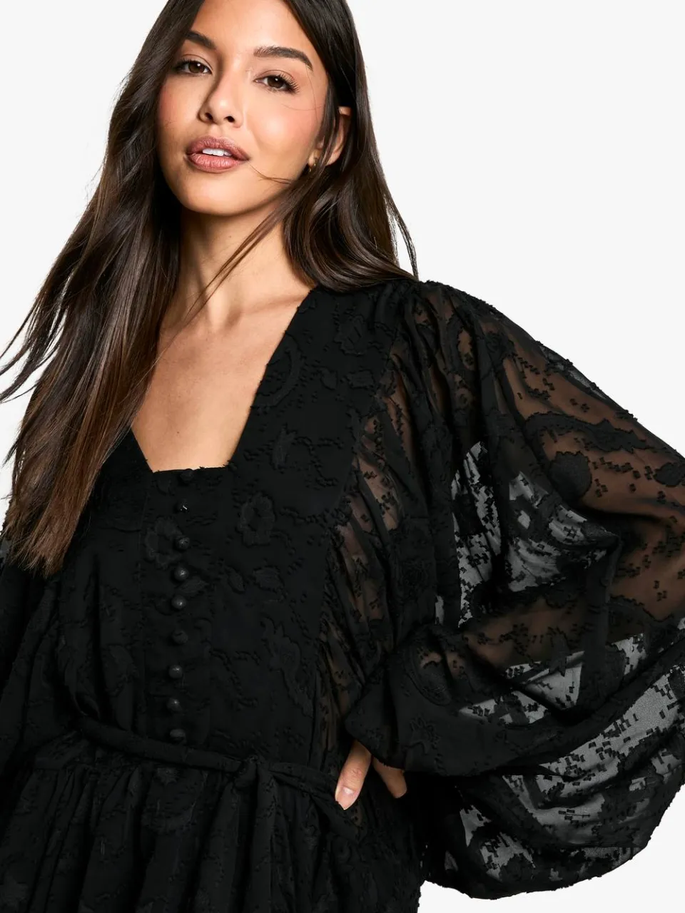boohoo Dames Burnout Paisley Gelaagde Met Ceintuurskaterjurk zwart, foto 3