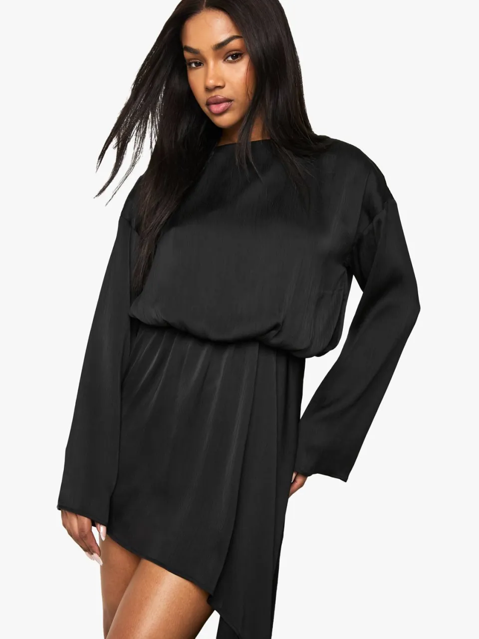 boohoo Dames Mini-jurk met boothals en blouson-drape zwart, foto 3