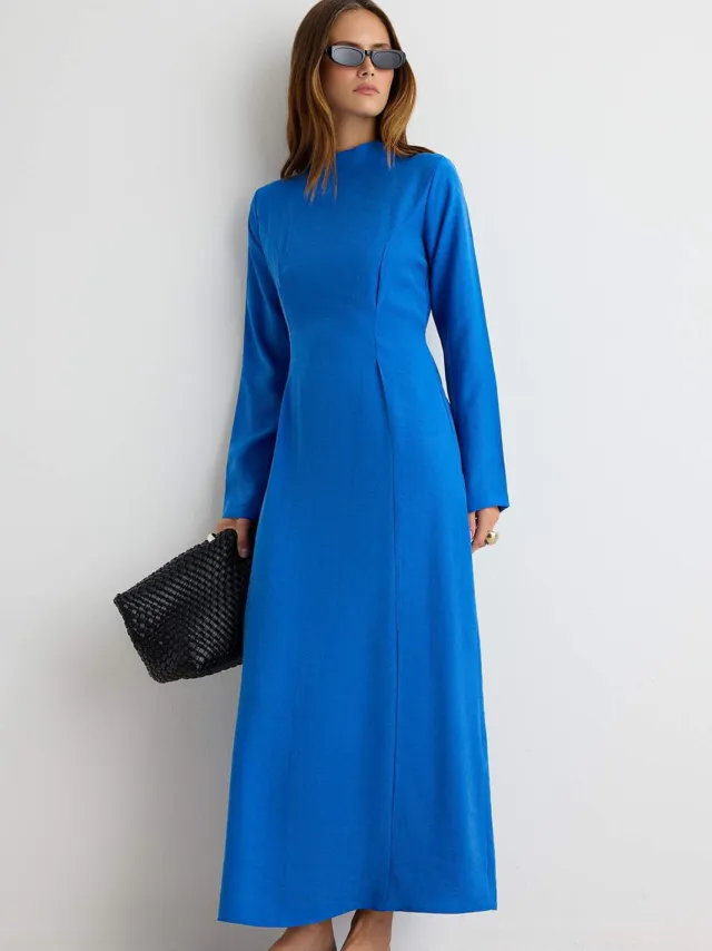 Trendyol Modest Dames Blauw Effen Maxi Lang Casual Recht Modest Jurken Kobaltblauw