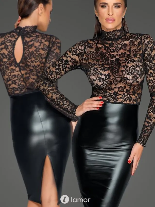 NOIR handmade Midi jurk van zacht kant en wetlook, F228 ( 2XL)
