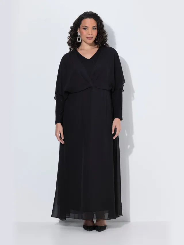 Ulla Popken Dames - Maxi-jurk van chiffon glitters V-hals lange mouwen - Zwart - Maat 46+