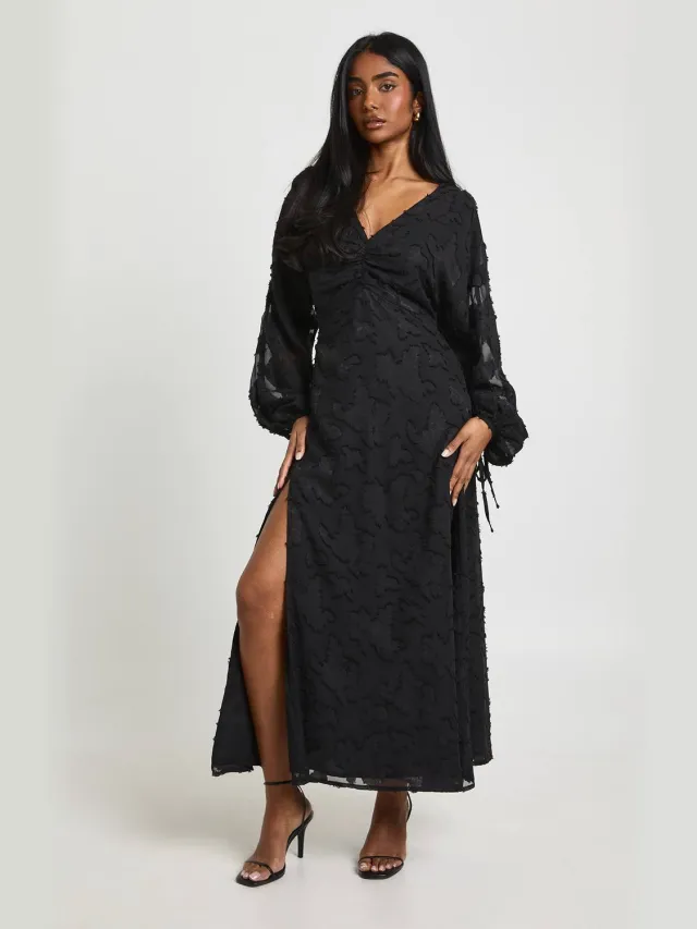 boohoo Dames Bloemmotief Burnout Midi Jurk met Volumineuze Mouwen Zwart