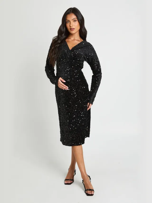 boohoo Dames Zwangerschaps Fluwelen Pailletten Wikkel Midi Jurk Zwart