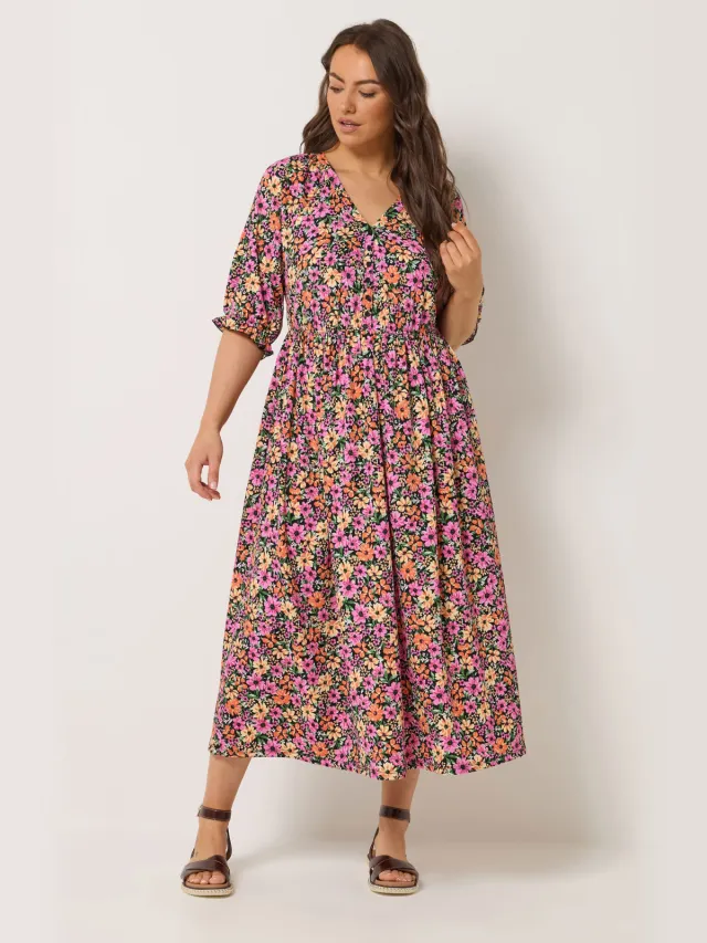 Yours Zwarte Jurk Met Bloemenprint En Raglanmouwen Pink