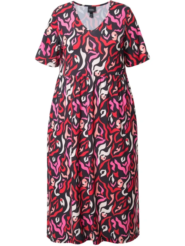 Ulla Popken Dames - Maxi-jurk A-lijn V-hals korte mouwen zakken - Zwart - Maat 54+