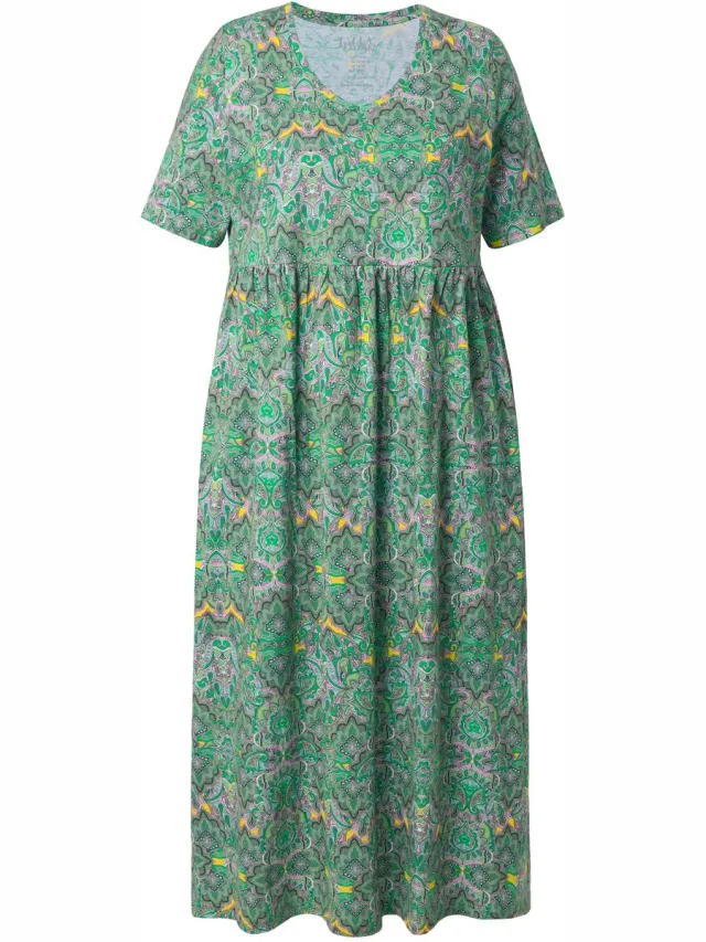 Ulla Popken Dames - Maxi-jurk A-lijn V-hals korte mouwen zakken - Appelgroen - Maat 62+