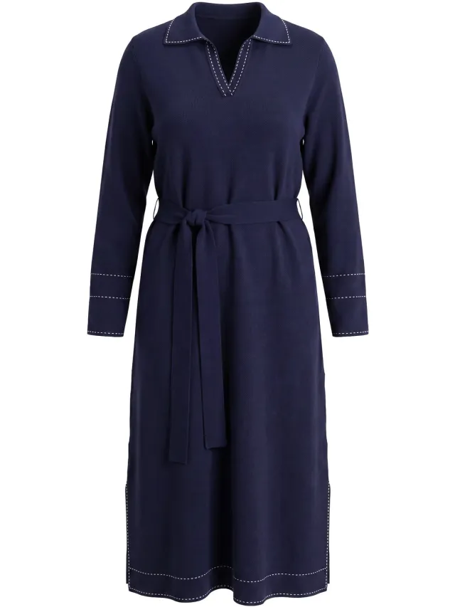 Ulla Popken Dames - Gebreide maxi-jurk overhemdkraag V-hals lange mouwen - Marine - Maat 42+