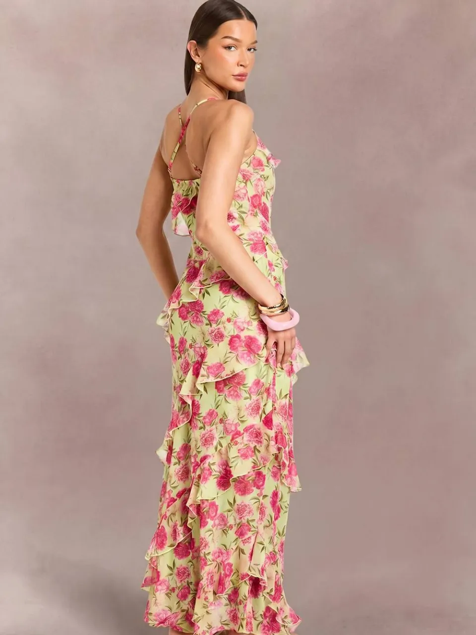 boohoo Dames Chiffon Pastel Bloemenprint Maxi Jurk Met Ruche Details zachte limoen, foto 2
