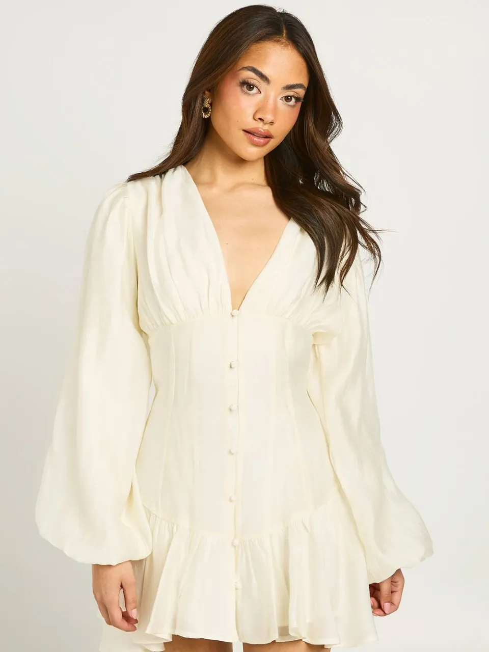 boohoo Dames Getextureerde Mini-jurk Met Volumineuze Mouwen En Verlaagde Zoom ivoor, foto 3