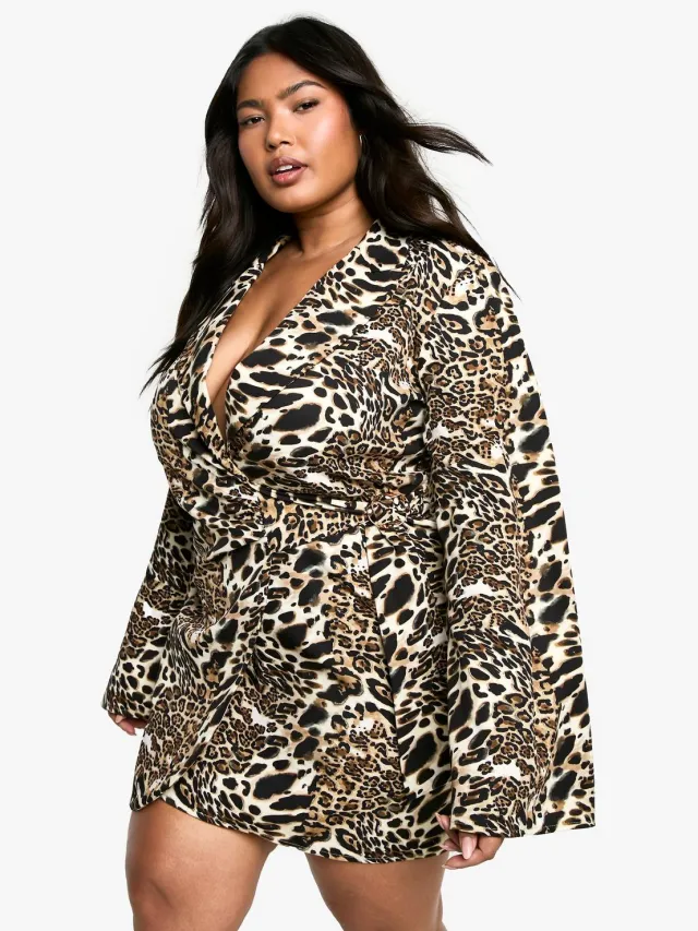 boohoo Dames Plus LEOPARD Blazerjurk met gespdetail op maat Bruin