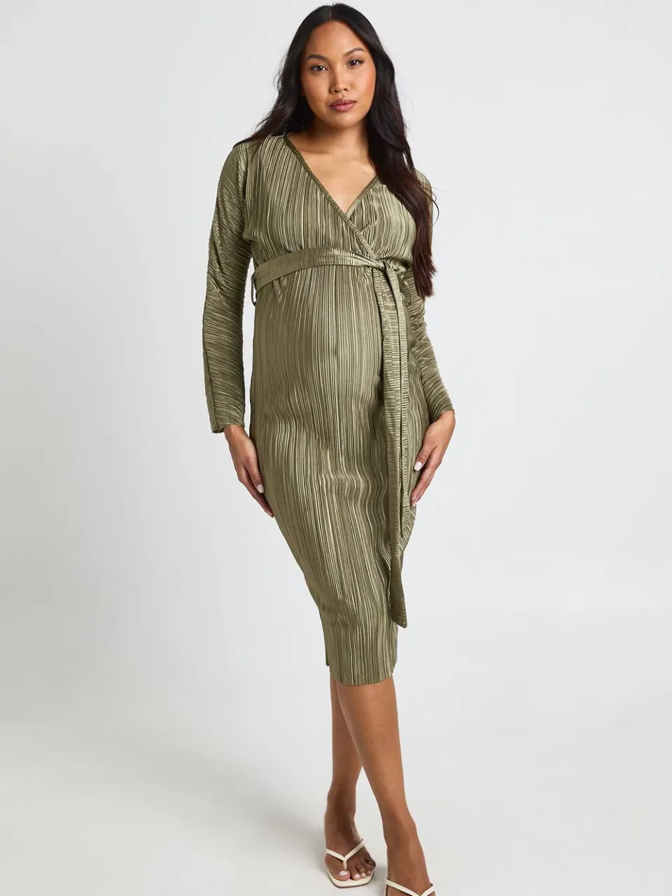 boohoo Dames Zwangerschaps Plisse Midi Jurk met Riem Kaki