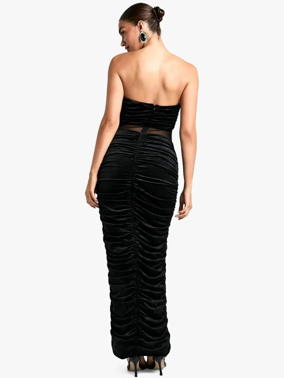 boohoo Dames Velvet Mesh Plunge Ruched Maxi Jurk zwart, foto 2