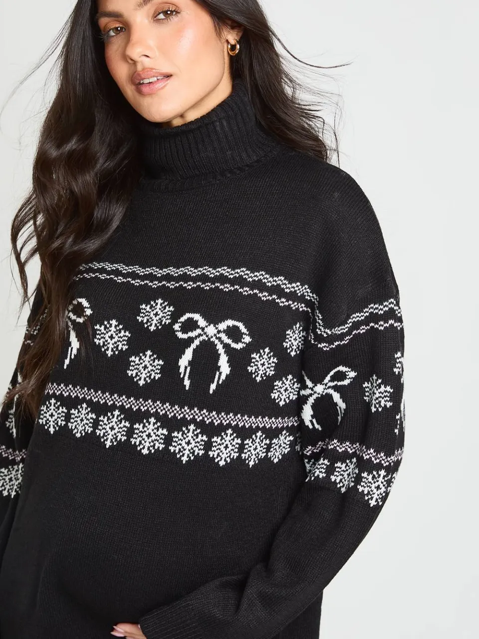 boohoo Dames Zwangerschaps Kerstjurk Met Rolkraag En Strikjes In Fairisle-breisel zwart, foto 4