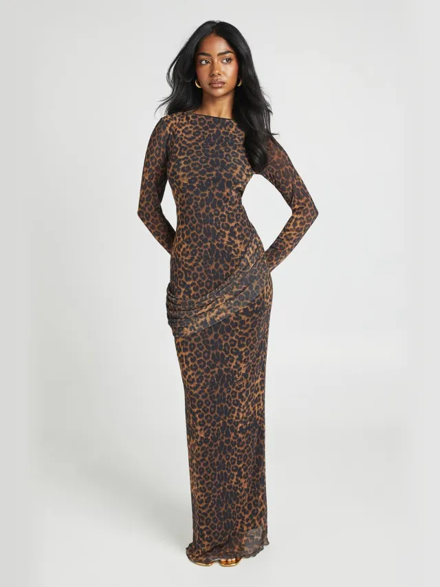 boohoo Dames Toonkleurige Luipaardprint Maxi Jurk Met Drapeerdetail