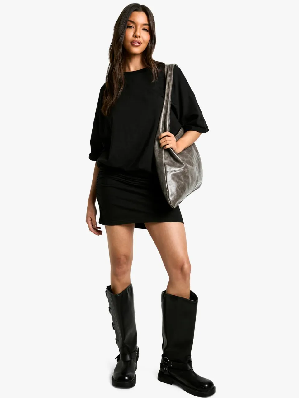 boohoo Dames Gerimpelde T-shirt minijurk zwart, foto 3