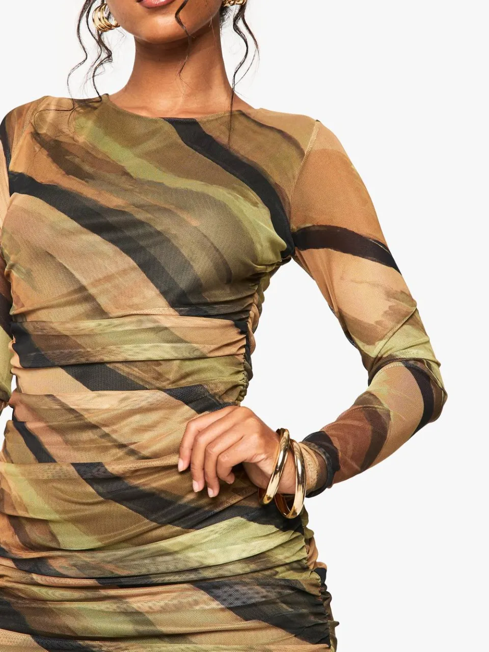 boohoo Dames Abstract Mesh Ruched Mini Jurk olijf, foto 4