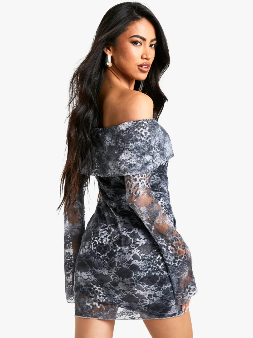 boohoo Dames Mixed Animal Kanten Bardot Mini Jurk ijsgrijs, foto 2
