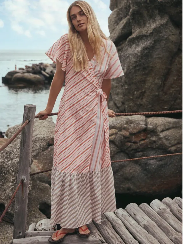 Next Dames - Lange wikkeljurk met losvallende mouwen - Wit Apricot Stripe