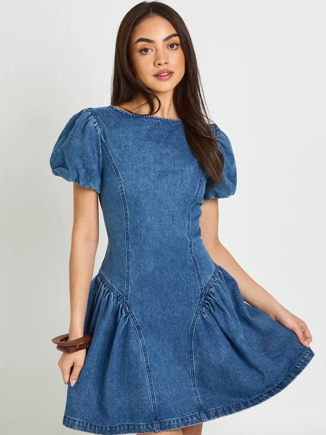 boohoo Dames Denim Mini-jurk Met Pofmouwen Medium Gebleekt