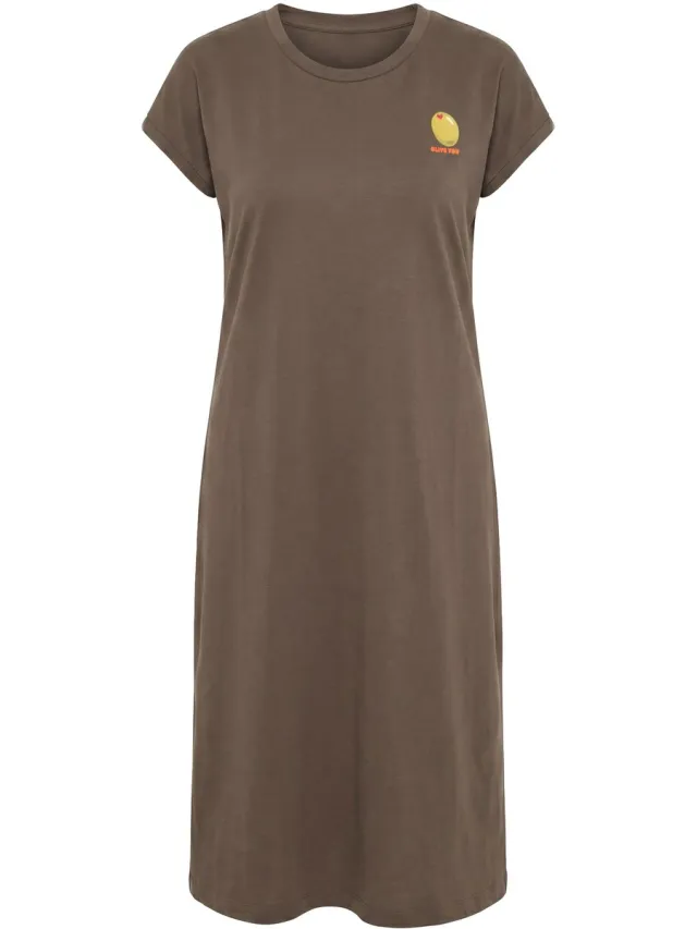 MIAMODA Dames - Midi-sweatjurk A-lijn klein olijvenmotief - Donkerolijf