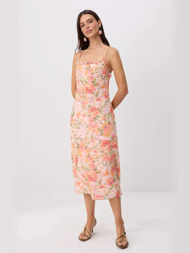Trendyol TRENDYOLMİLLA Dames Roze Bloemen Midi Mouwloos Recht Jurken