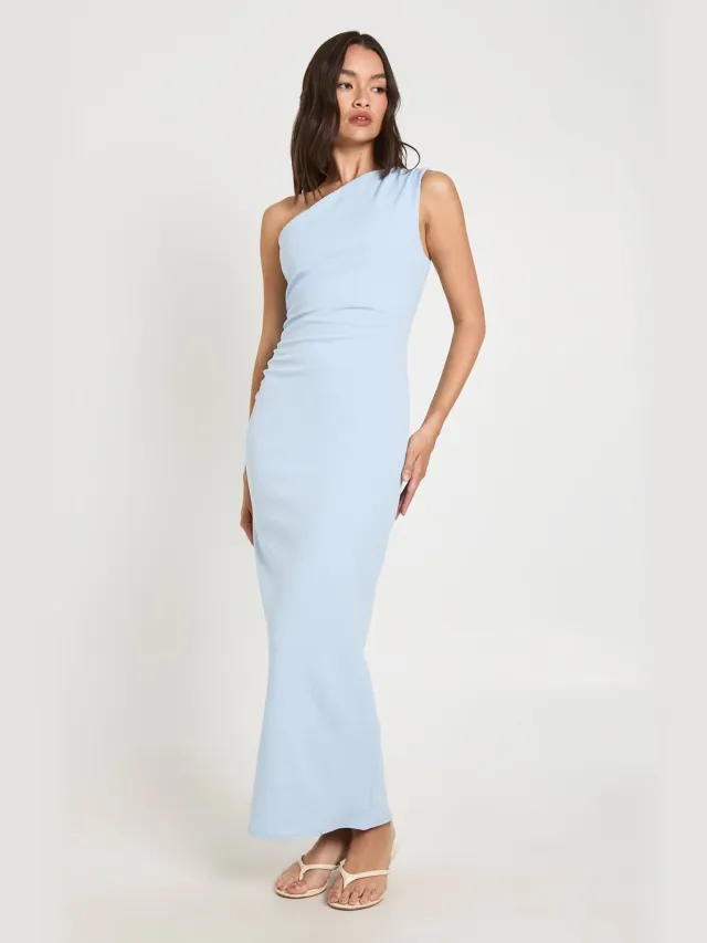 boohoo Dames Jersey Crepe Midi-jurk Met Éen Schouder En Plooien Pastelblauw