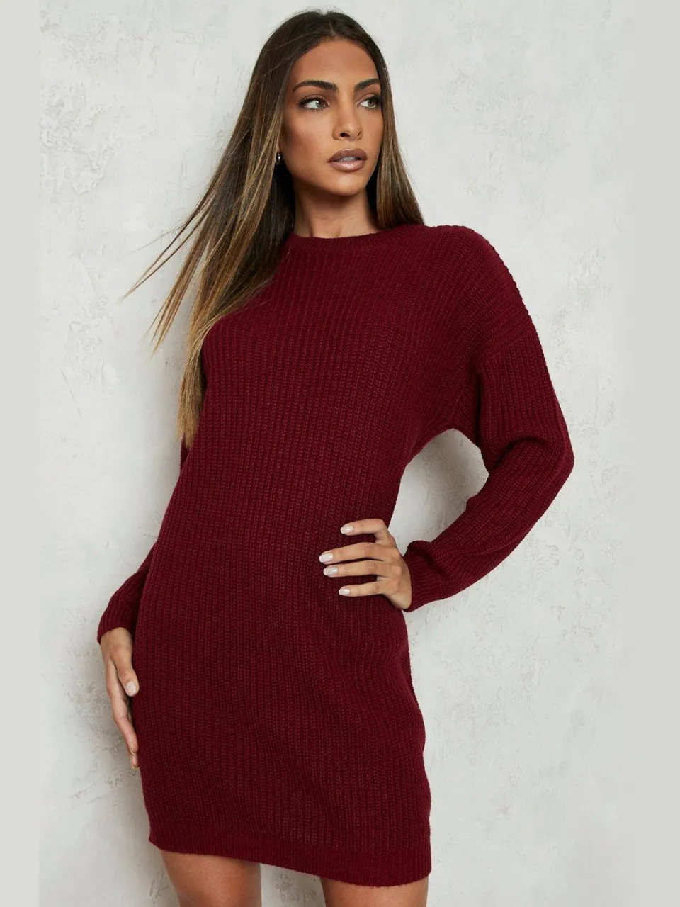 boohoo Dames Crew Neck Mini Jumper Jurk wijn, foto 4