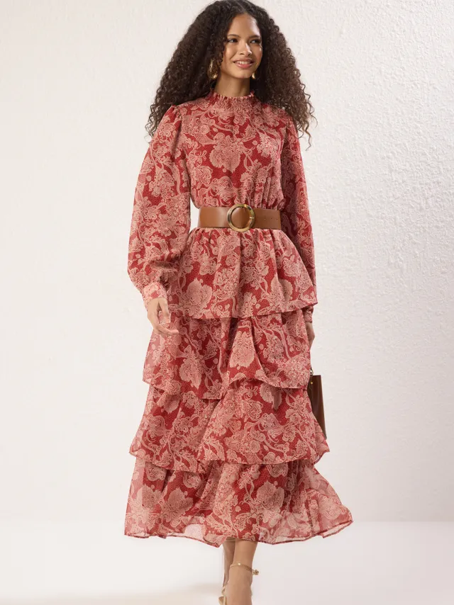 Trendyol Modest Dames Bruin Bloemen Maxi Lang Casual Skater Modest Jurken