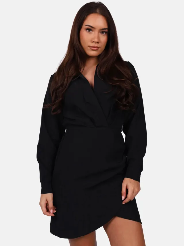 Getdrezzed Jurk met kraag en geplooide taille zwart