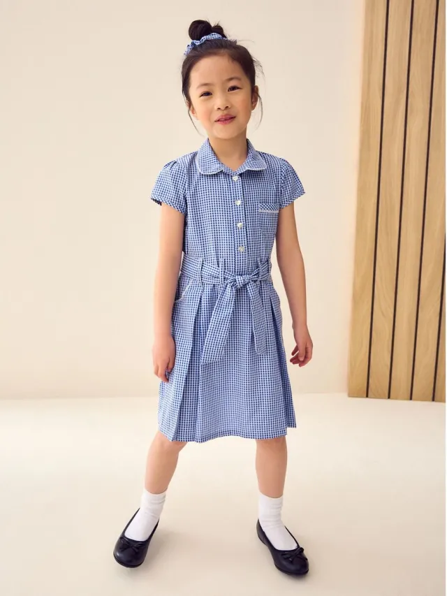 Next Meisjes - Katoenrijke schooljurk met ceintuur en scrunchie - Blauw Mid Blue Gingham