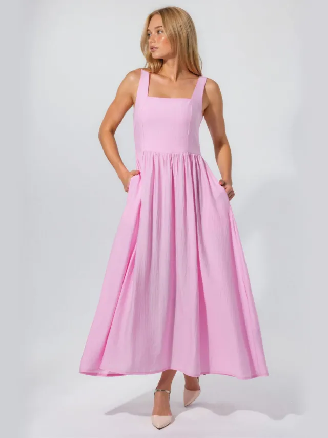 Busem Effen Midi-jurk met Vierkante Kraag Blush