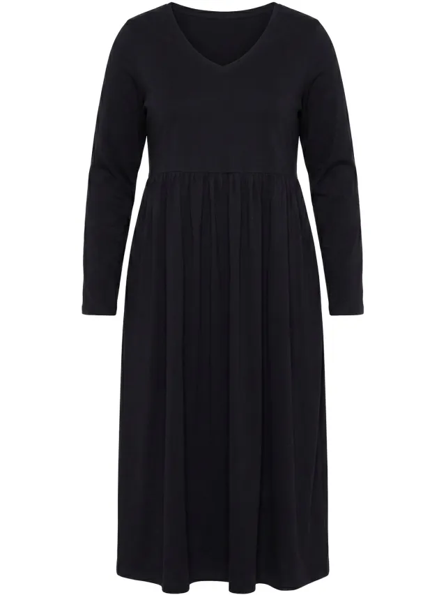 Ulla Popken Dames - Maxi-jurk A-lijn V-hals lange mouw - Zwart - Maat 66+