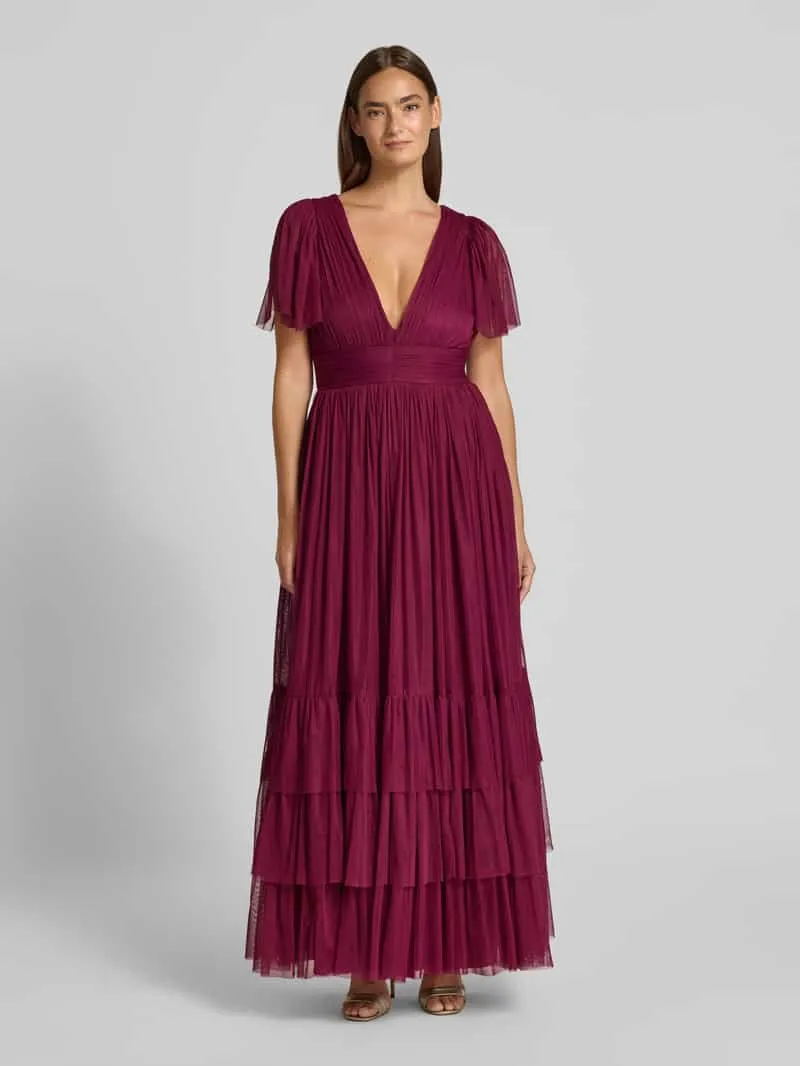 Lace & Beads Avondjurk met diepe V-hals Donkerrood