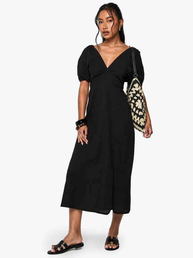 boohoo Dames Linnen jurk met strik aan de achterkant en pofmouwen, midaxi dress Zwart