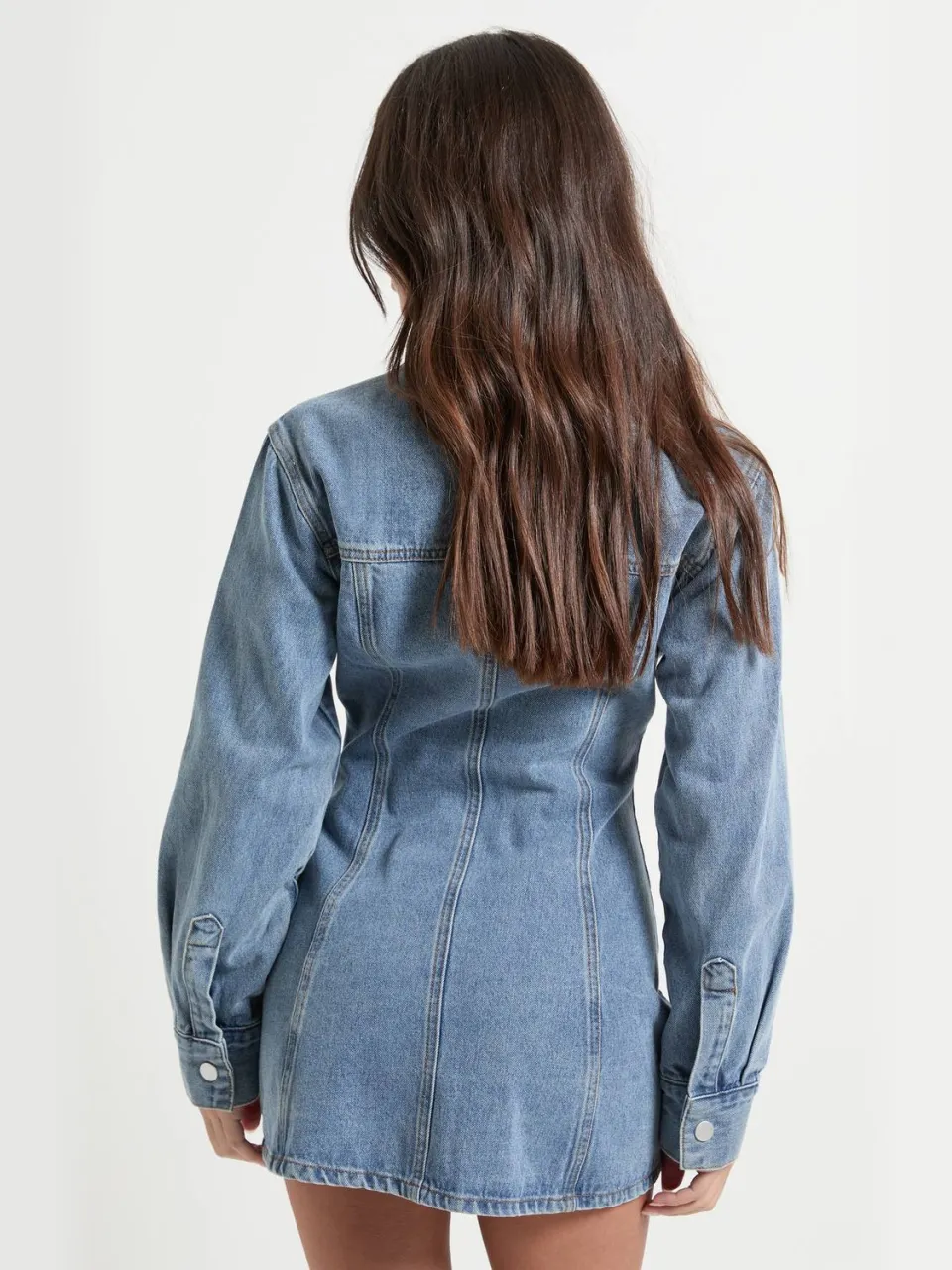 boohoo Dames Petite lange mouwen denimjurk met getailleerde taille, foto 2