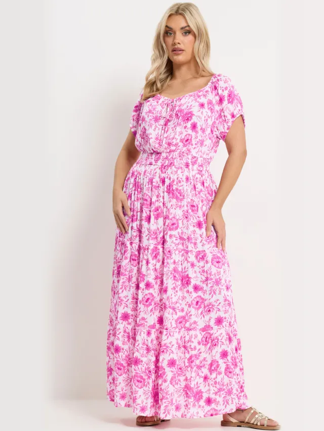 Yours Roze Maxibardotjurk Met Bloemenprint En Striksluiting Pink