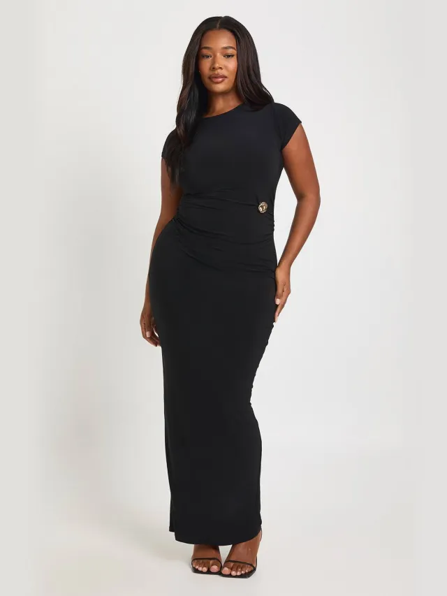 boohoo Dames Plus Gerimpelde Taille Trim Detail Korte Mouw Maxi Jurk Zwart