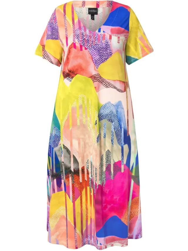 Ulla Popken Dames - Slinky midi-jurk A-lijn V-hals halflange kapmouwen - Magenta - Maat 46+