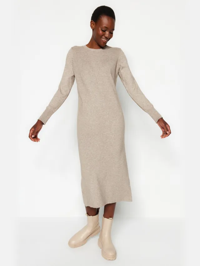 Trendyol TRENDYOLMİLLA Dames Bruin Effen Maxi Lang Casual Recht Jurken Taupe