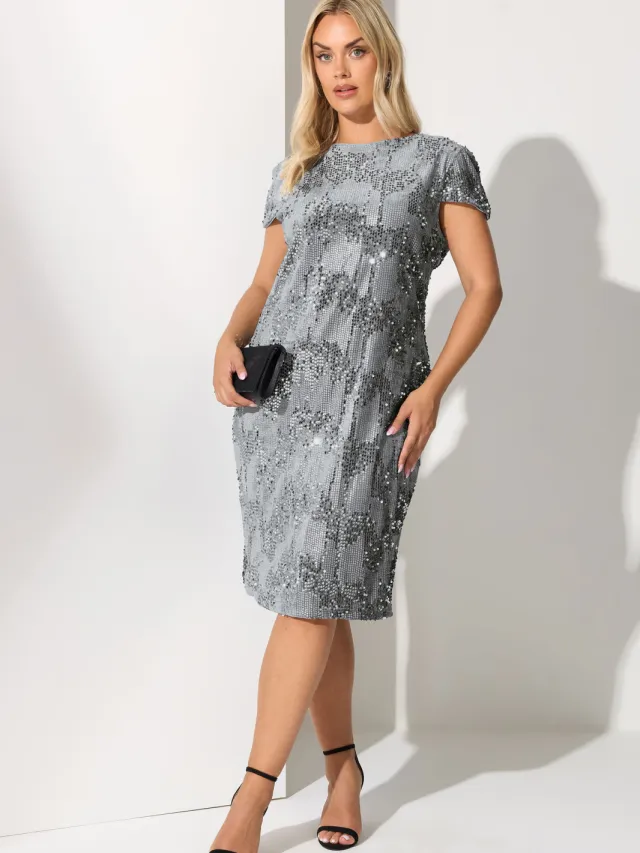 Yours London Grey Velvet Sequin Shift Dress